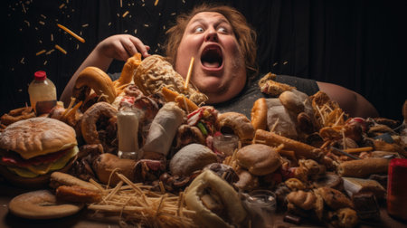 A woman is surrounded by a pile of food, AIの素材