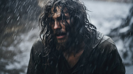 A man with long hair and a beard standing in the rain, AIの素材