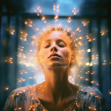A woman with glowing lights around her head, AIの素材