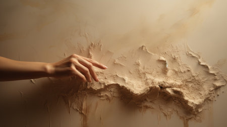 A person touching a wall with a brown stain, AIの素材