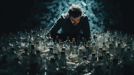 An alcoholic man kneeling in a room full of empty bottles, AIの素材