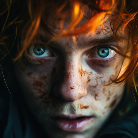 A close up of a person with red hair and blue eyes, AIの素材