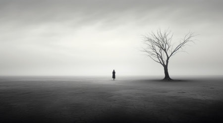 A lone person standing in front of a tree in the middle of a foggy field, AIの素材