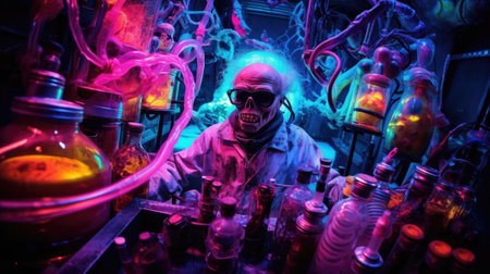 A man in a lab coat is holding a bottle of liquid, AIの素材