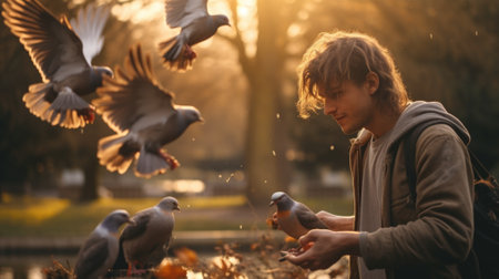 A young man feeding pigeons in a park, AIの素材