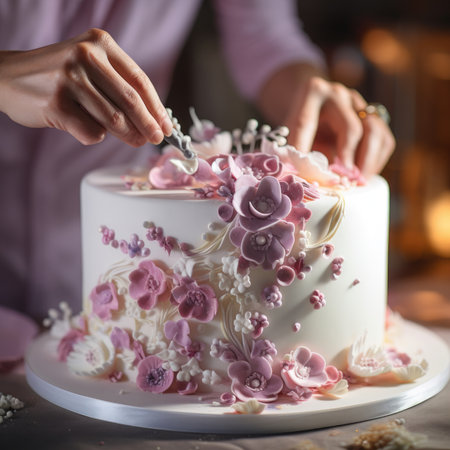 A woman is decorates the cake with pink flowers, AIの素材