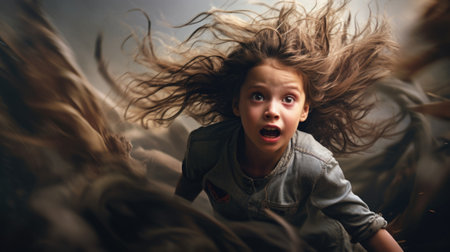 A young girl is running through a field of grass, AIの素材