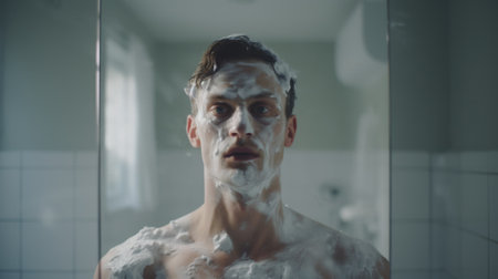A man with a face covered in soap and water, AIの素材