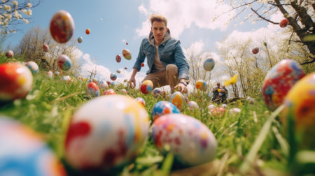 A man is standing in a field of colorful eggs, AIの素材