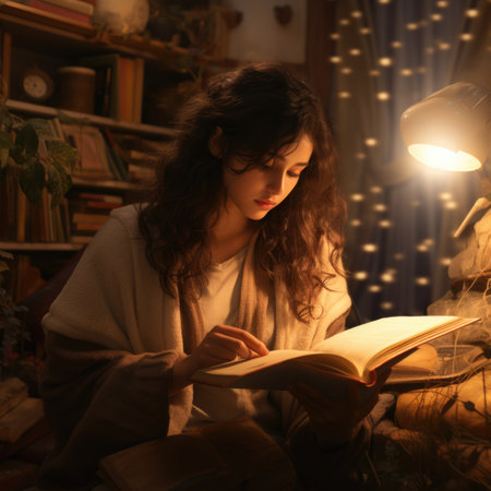 A woman reading a book in a room lit by a lamp, AIの素材