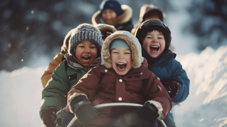 Kids sledding in the snow, AIの素材