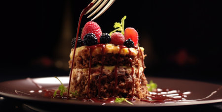 A fork is holding a piece of cake with berries, AIの素材