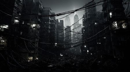 A dark city with wires and wires in the background, AIの素材