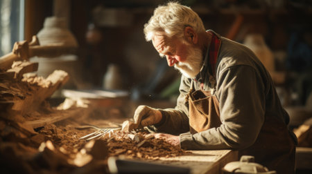 An old man working on a wooden object in a workshop, AIの素材
