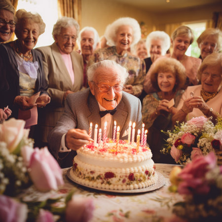 A group of people standing around a 100 years old man blowing out candles on a cake, AIの素材