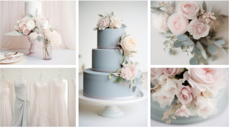 A collage of wedding cake, flowers and dresses, AIの素材