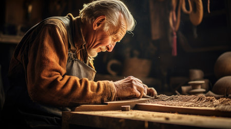 An old man is working on a wooden piece, AIの素材