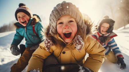 Three children in winter clothing playing in the snow, AIの素材
