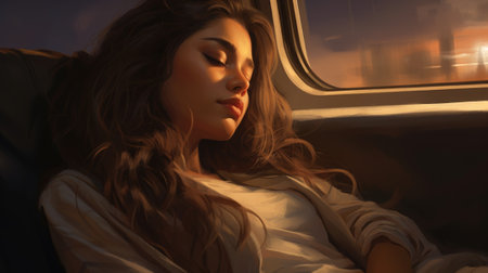 A woman sleeping on a train with the sun setting behind her, AIの素材