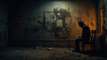 A man sits in a dark room with a chair, AIの素材
