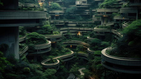 A forest of buildings with a spiral staircase, AIの素材