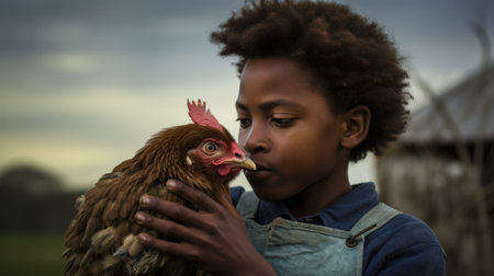 A young boy is holding a chicken in his hands, AIの素材