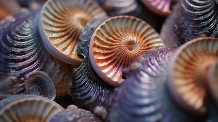A close up of a bunch of purple and orange shells, AIの素材