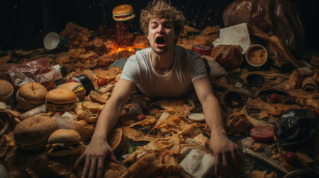 A man is surrounded by food and garbage, AIの素材