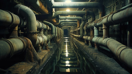 A long tunnel with pipes and water, AIの素材
