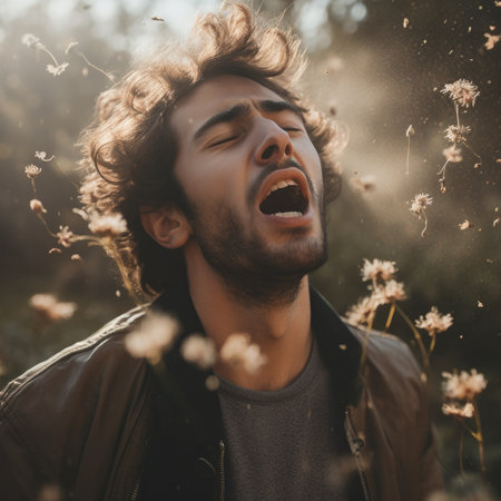 A man with his mouth open and his eyes closed in the field, AIの素材