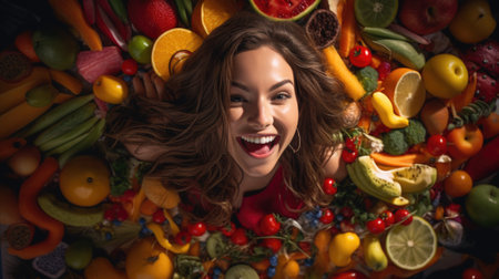 A woman smiling while surrounded by fruits and vegetables, AIの素材