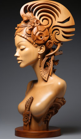 A wooden carved sculpture of a woman with a headdress, AIの素材