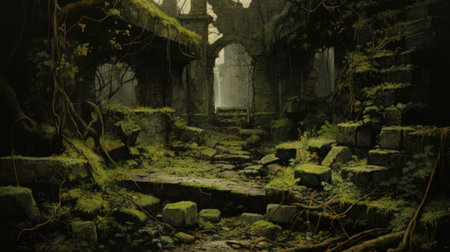 The dark forest is full of moss and trees, AIの素材