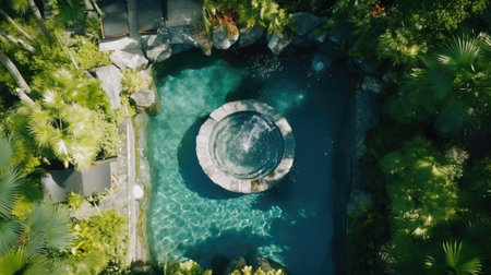 An aerial view of a pool surrounded by trees, AIの素材