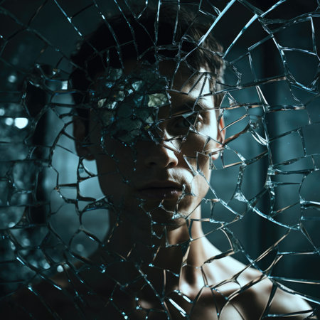 A man standing in front of a broken glass window, AIの素材