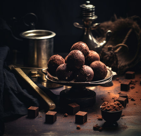 Chocolate truffle balls on a plate with other items, AIの素材