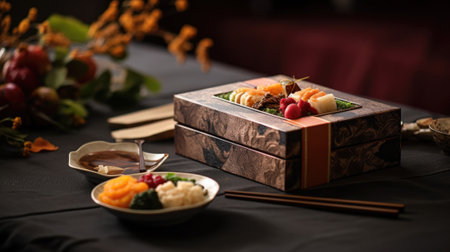 A wooden box with food on it and chopsticks, AIの素材