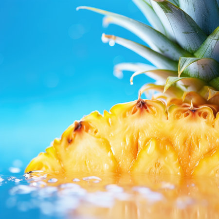 A pineapple is sitting in water with a blue background, AIの素材