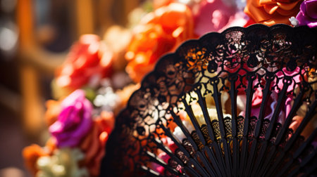 A close up of a black spanish fan with colorful flowers, AIの素材