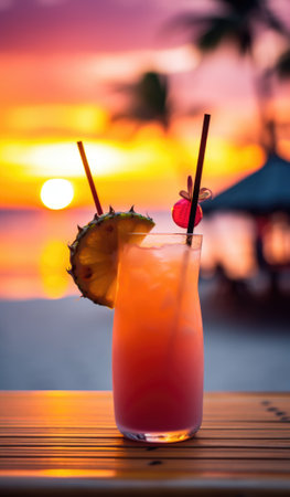An exotic tropical cocktail with a sunset view, AIの素材