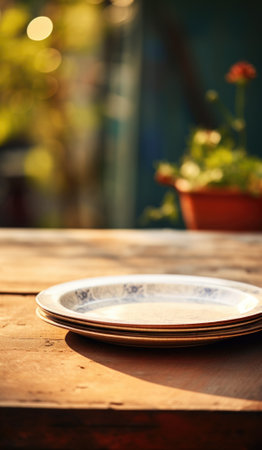A plate sits on a table in front of a potted plant, AIの素材