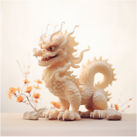 A white dragon figurine with a flower in the background, AIの素材