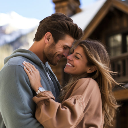 A man and woman embrace in front of a cabin, AIの素材