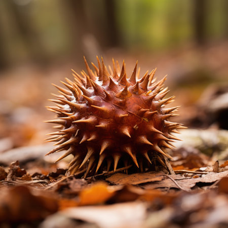 A spiky chestnut on the ground in the woods, AIの素材