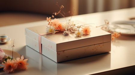 A white box with flowers on top of it, AIの素材