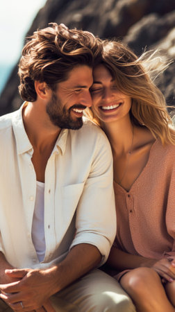 A man and woman are sitting on a rock by the ocean, AIの素材