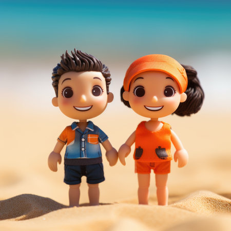 A couple of toy people standing on a beach, AIの素材