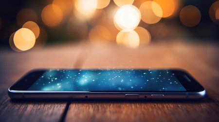 A smartphone is sitting on a wooden table with a blurred background, AIの素材