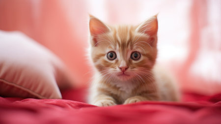 A small orange kitten sitting on a red blanket, AIの素材