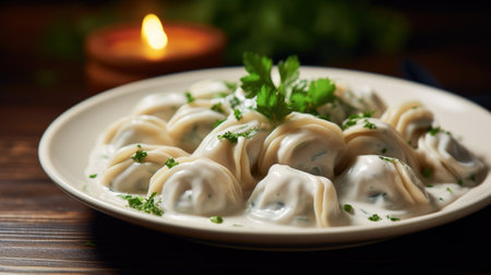 A plate of dumplings with sauce and a candle, AIの素材